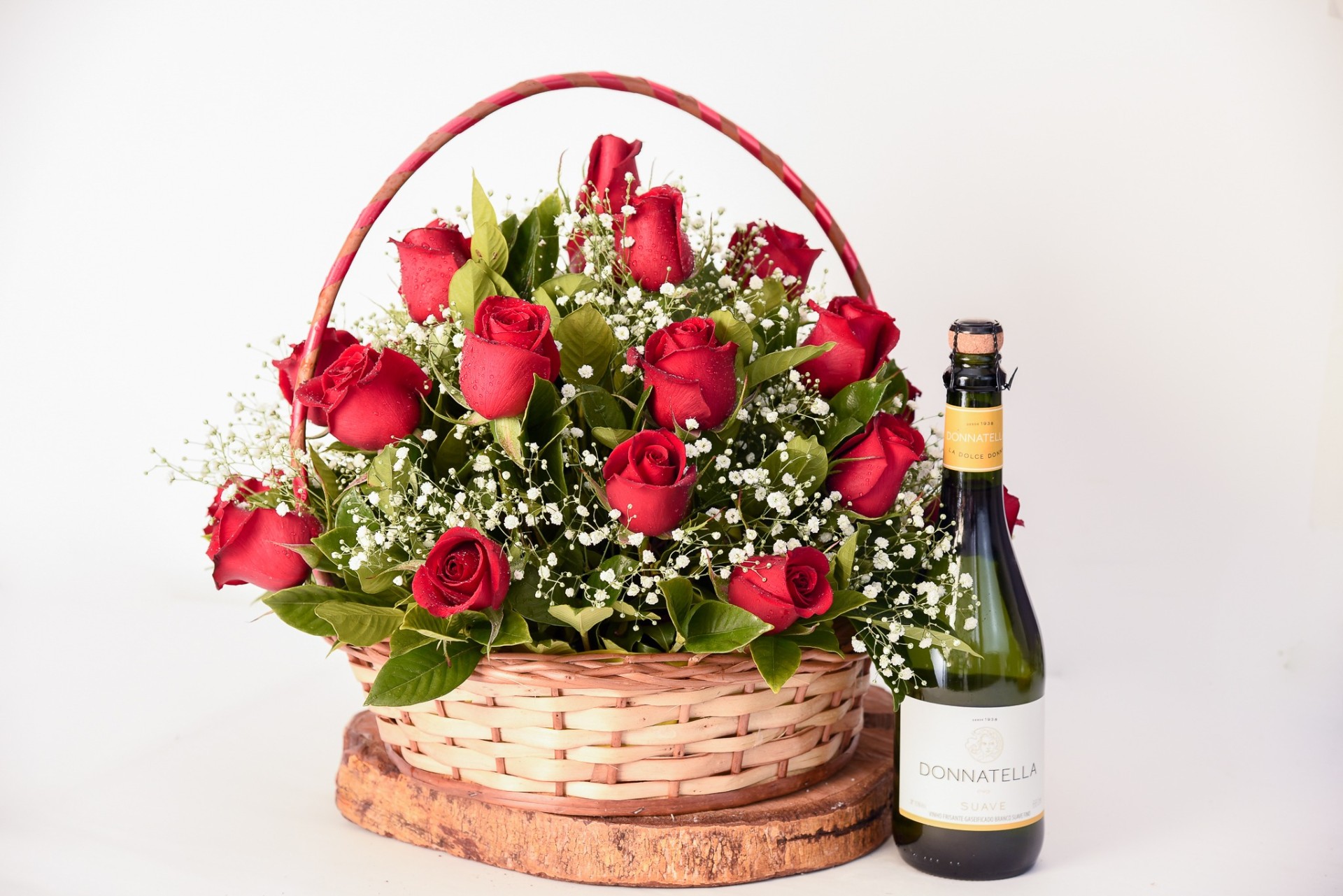 Cesta Luxo Rosas & Espumante — presente Dia dos Namorados, cesta romântica, flores para presente